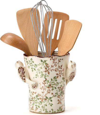 Utensil Holder for Kitchen Counter, Modern Farmhouse Rustic Cooking Utensil Holder and Crock, Exquisite Chinoiserie Floral Ceramic Utensil Organizer for Home Kitchen Decor- Green and Beige