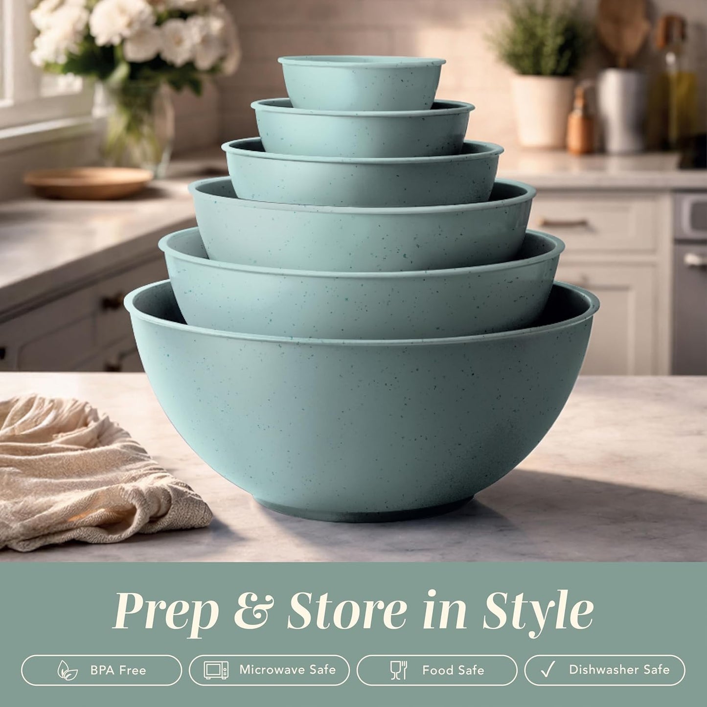 COOK WITH COLOR Mixing Bowls with Lids - 12 Piece Plastic Nesting Bowls Set includes 6 Prep Bowls and 6 Lids, Microwave Safe Mixing Bowl Set, Sage Embossed - Colors B
