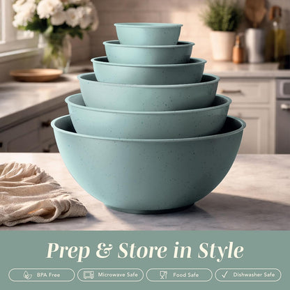 COOK WITH COLOR Mixing Bowls with Lids - 12 Piece Plastic Nesting Bowls Set includes 6 Prep Bowls and 6 Lids, Microwave Safe Mixing Bowl Set, Sage Embossed - Colors B