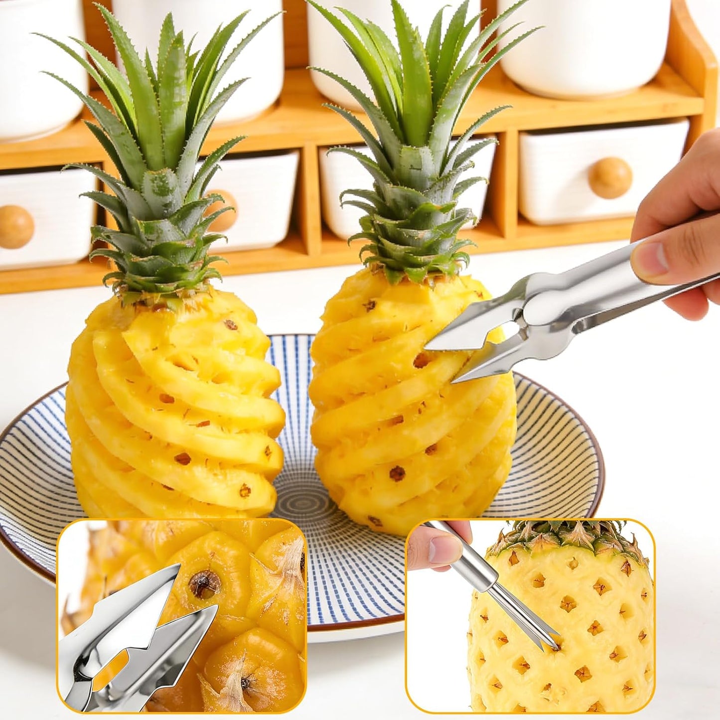 4pcs Pineapple Eye Remover Tools, Stainless Steel Pineapple Corer and Slicer Peeler and V-Shape Core Cutter Fruit Knife for Kitchen & Home Use Tool (2 Peeler & 2 V-Shape Cutter)