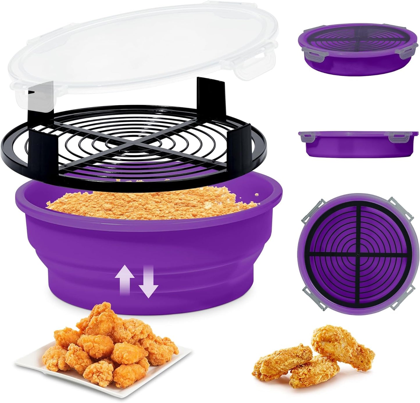 FJNATINH Collapsible Batter Bowl - Mess Free Better Breader Shaker Bowl with Lid Breading Shaker Container - Great for Fried Fish, Fried Chicken, Onion Rings, Wings & More,No Leak,Easy to Store
