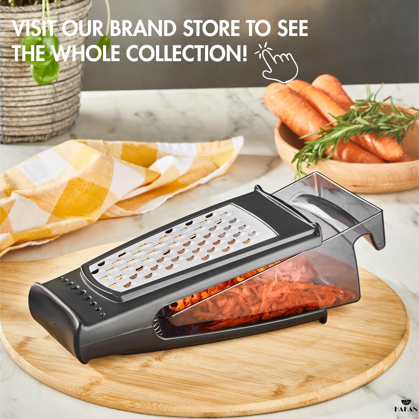 HAKAN Grater with Collection Box and Stainless Steel Blades | Handheld Ergonomic Cheese & Vegetable Grater with Container | 18.5 oz Box | Dishwasher Safe