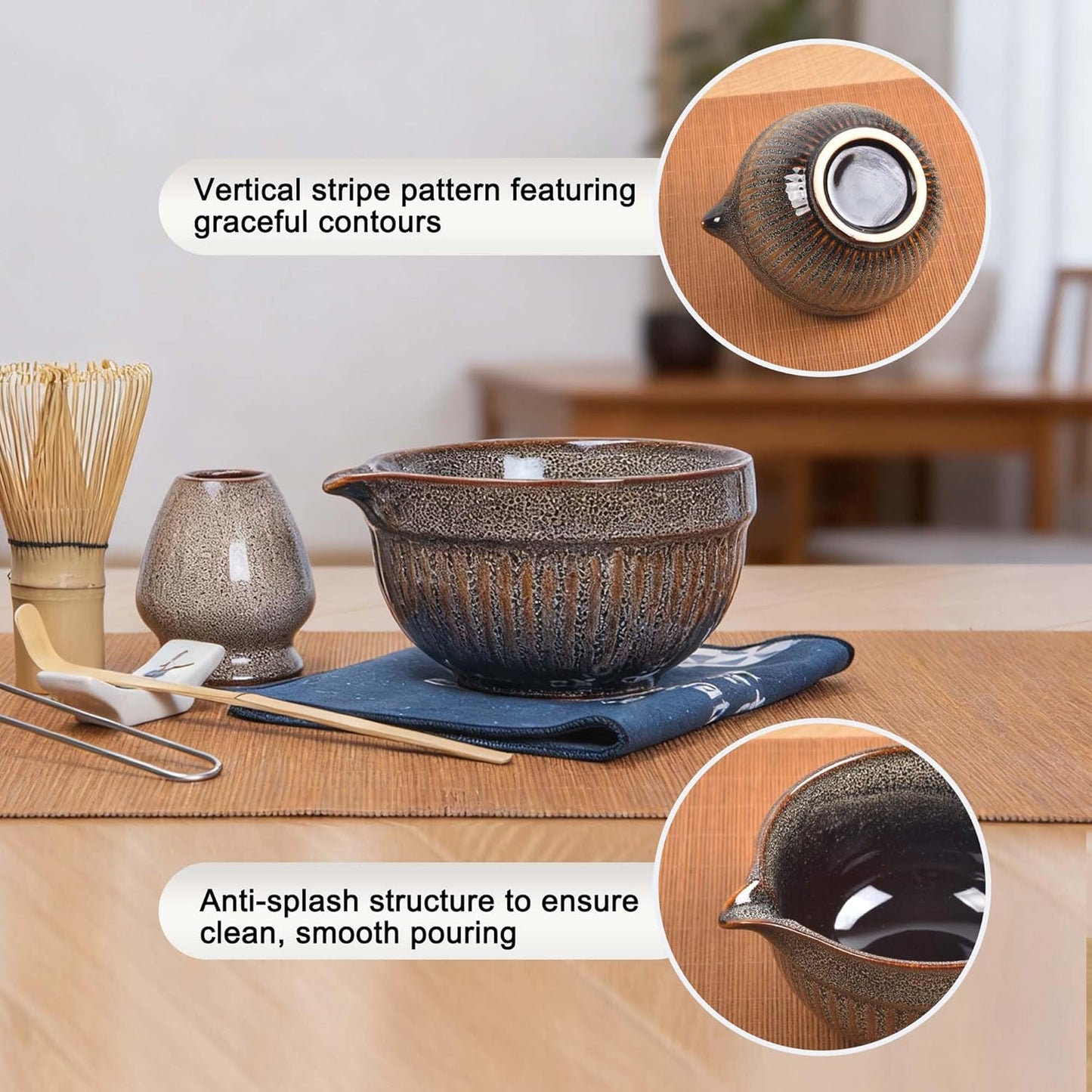 7pcs Matcha Whisk Set with 18oz Spout Bowl, Japanese Tea Ceremony Kit, Natural Bamboo Whisk Scoop, Ceramic Holder Sifter Towel, Best Gift for Beginners and Matcha Lovers