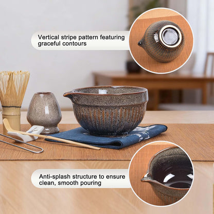 7pcs Matcha Whisk Set with 18oz Spout Bowl, Japanese Tea Ceremony Kit, Natural Bamboo Whisk Scoop, Ceramic Holder Sifter Towel, Best Gift for Beginners and Matcha Lovers