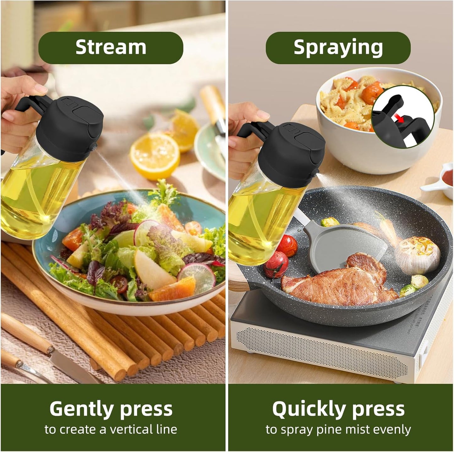PLAPITATE Oil Dispenser for Kitchen, 2 in 1 Olive Oil Sprayer, Olive Oil Dispenser Spray Bottle with Brush, Oil Sprayer for Cooking for Air Fryer, Barbecue, Salad 16oz/470ml (Black)