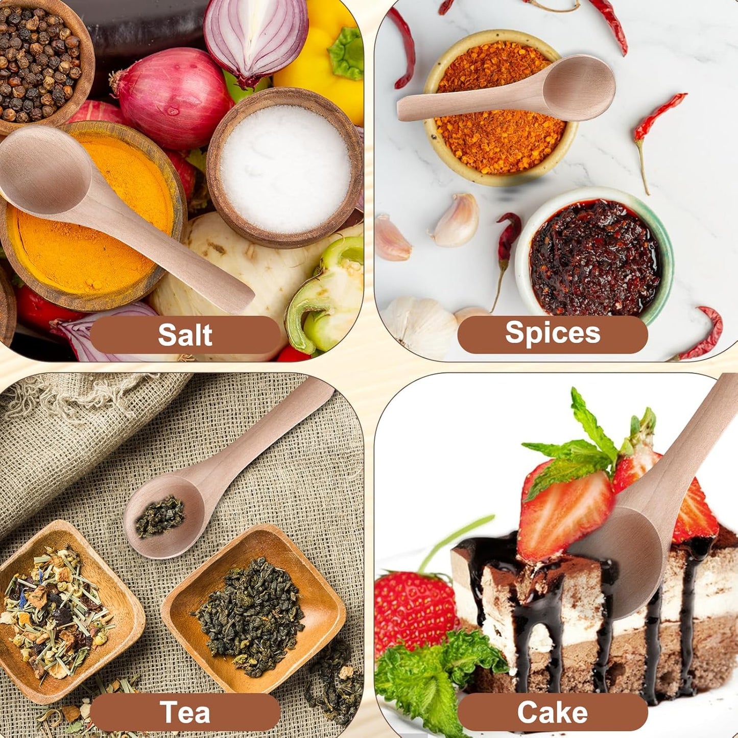 6PCS Salt Spoon, Small Wooden Spoons, 3.94 Inch Mini Teaspoons for Honey, Sugar, Spice Jars, Coffee, Jam, Condiments, Ideal Kitchen Gift (Wood Color)