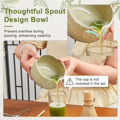 5Pcs Matcha Whisk Set, 18OZ Bowl With Spout, Japanese Ceremony Matcha Whisks Kit, 100% Natural Bamboo Whisk, Ceramic Whisk Holder (Green), Stainless Sifter, Tea Scoop, Gift for Matcha Lovers Beginner