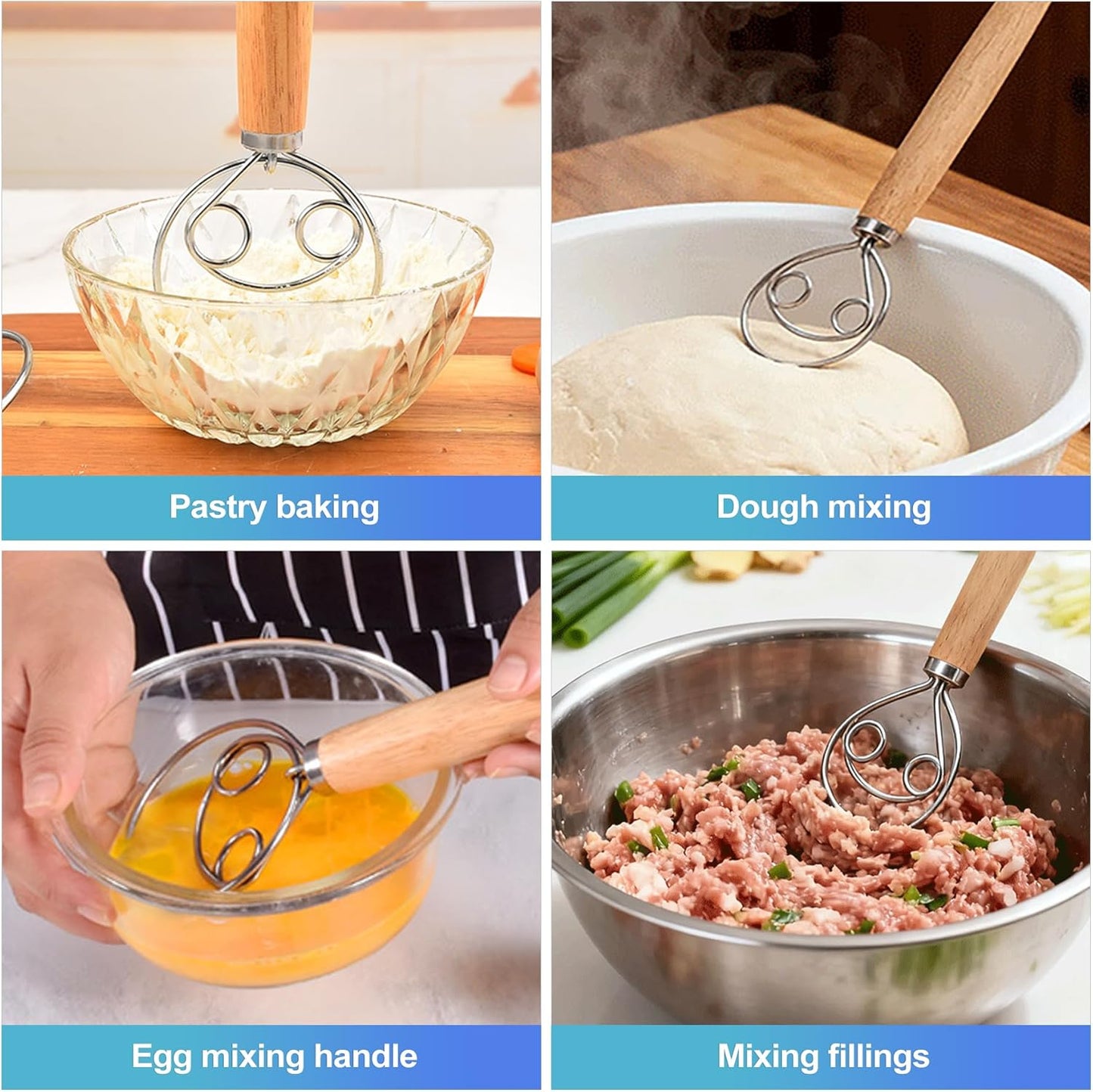 CoguZed Danish Dough Whisk - Stainless Steel Hand Mixer with Wooden Handle, Essential Baking Tool for Sourdough, Artisan Bread & Pastry Dough