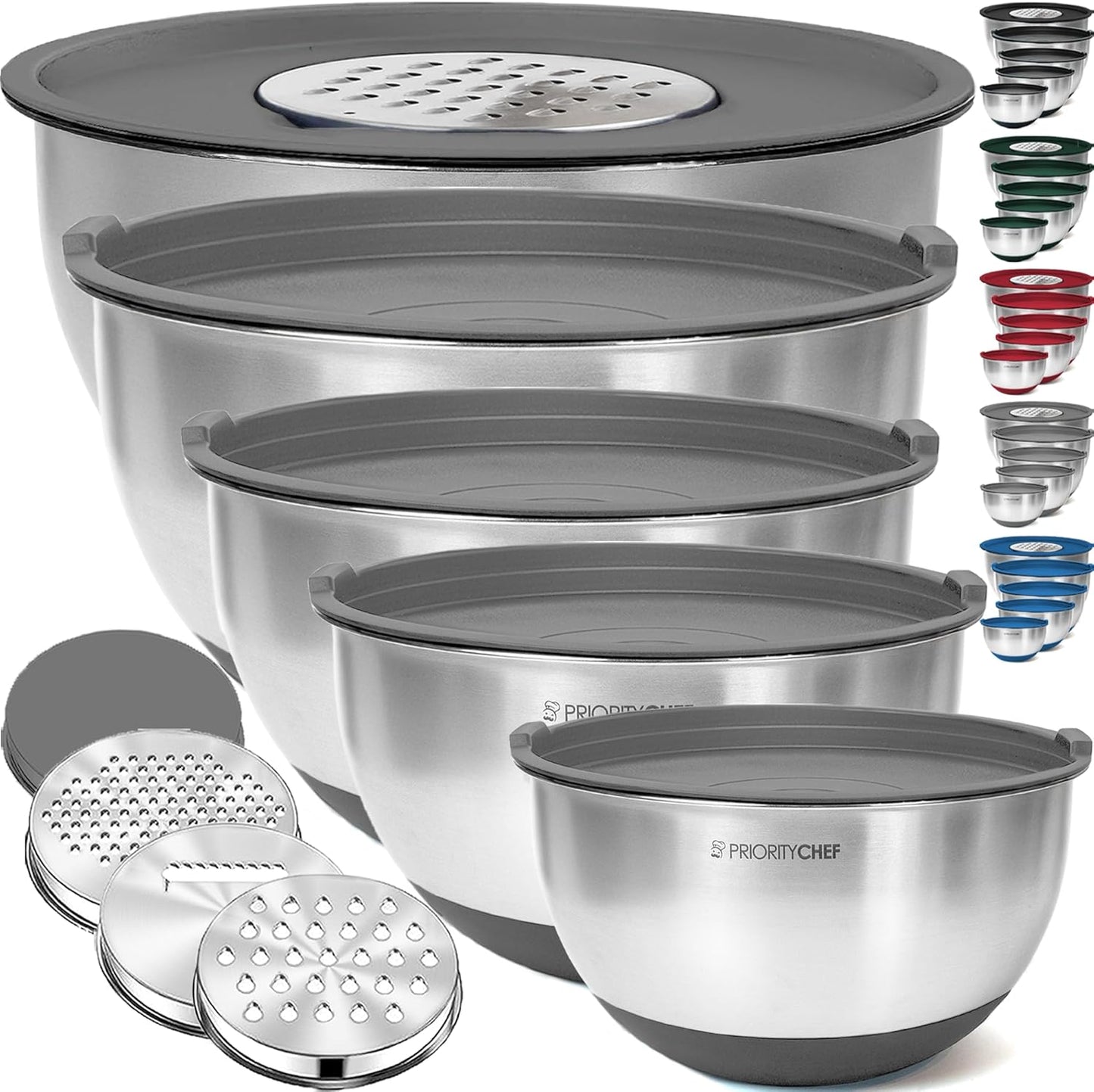 Priority Chef Stainless Steel Mixing Bowls with Lids Set, 3 Grater Attachments, Airtight Lids, Non-Slip Silicone Base Mixing Bowl Set, Large Prep Metal Mixing Bowls for Kitchen, Black