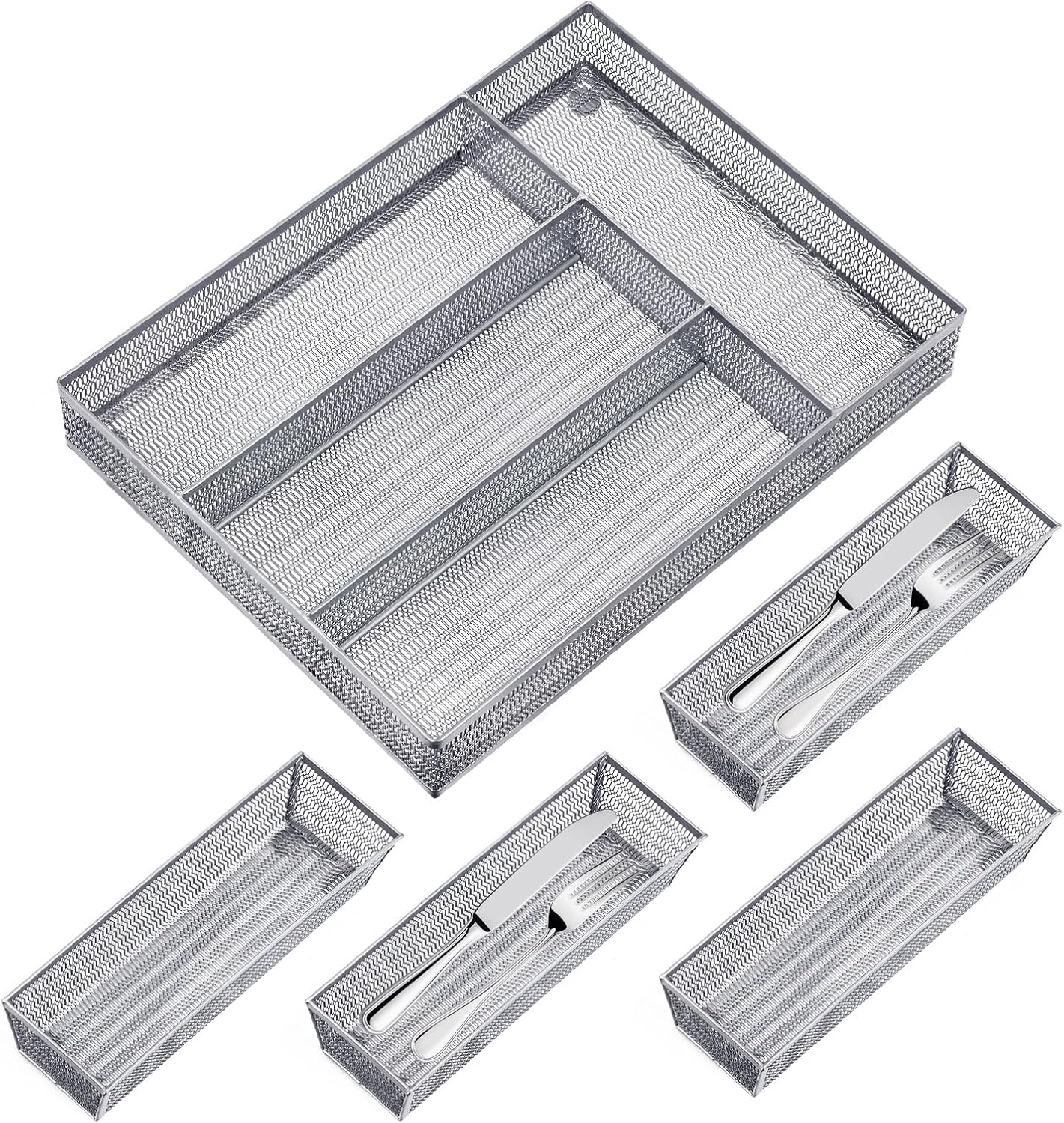 Neudeco Silverware Drawer Organizer - 5 Compartment Cutlery Tray with Non-Slip Feet, Mesh Wire Flatware Storage Divider for Kitchen, Bedroom, Living Room (Silver)