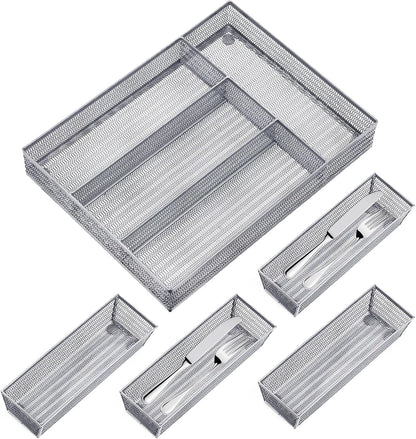 Neudeco Silverware Drawer Organizer - 5 Compartment Cutlery Tray with Non-Slip Feet, Mesh Wire Flatware Storage Divider for Kitchen, Bedroom, Living Room (Silver)