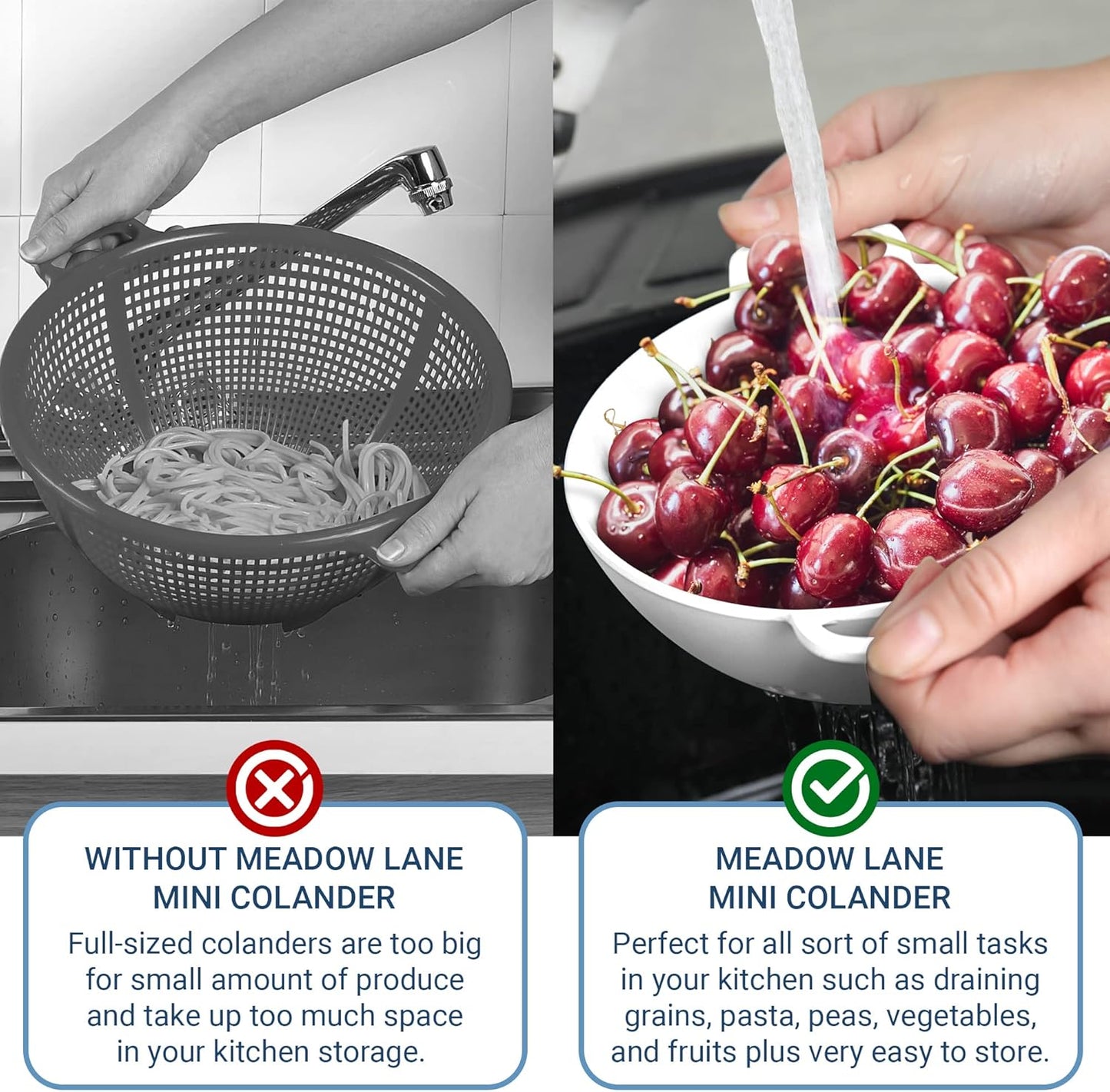 Meadow Lane 6-inch Small Colander, BPA-Free, Dishwasher Safe, Double Handles, Compact Food Strainer for Berries, Veggies and Pasta, 3-Cup Capacity, Smooth White