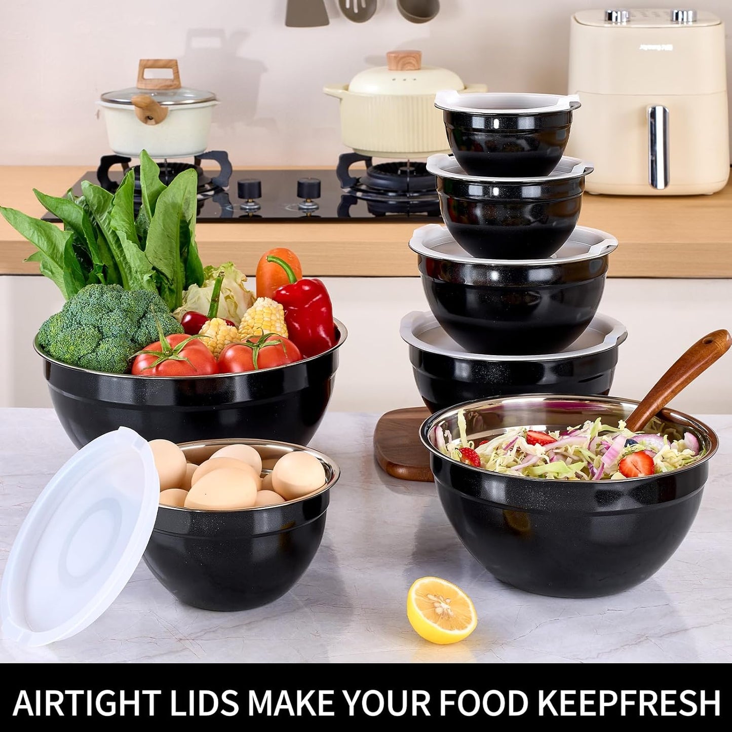 Red Mixing Bowls with Lids Set of 7, Stainless Steel Nesting Bowl with Khaki Lid for Non-slip Mixing Prepping Storing Serving, 7 Sizes-7/3.6/2.7/2.1/1.5/1/0.8 QT