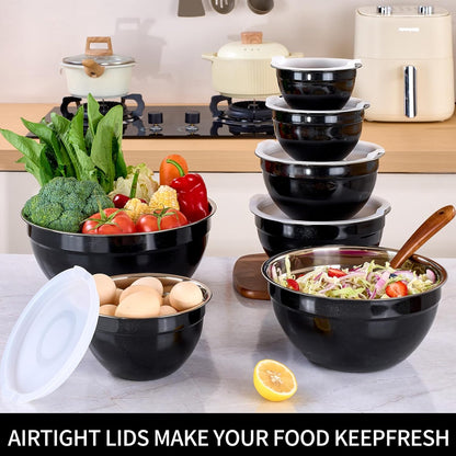 Red Mixing Bowls with Lids Set of 7, Stainless Steel Nesting Bowl with Khaki Lid for Non-slip Mixing Prepping Storing Serving, 7 Sizes-7/3.6/2.7/2.1/1.5/1/0.8 QT