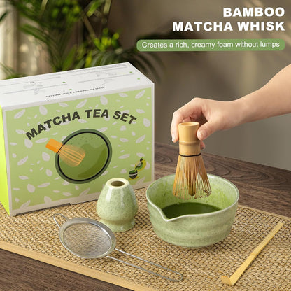 Dayacoco Matcha Whisk Set,Ceramic Matcha Kit Set Includes Bowl with Spout, Whisk,Holder,Bamboo Scoop and Sifter,5 pcs Matcha Tea Kit for Matcha Lovers, Ideal Gift for Christmas, Birthday (Green)