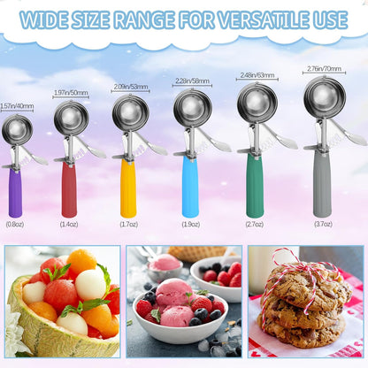 Hsei 6 Pcs Ice Cream Scoops Stainless Steel Cookie Portion Scoop with Handle for Baking Food Cookie Dough Cupcake Batter (Multi Color,40mm to 70mm)