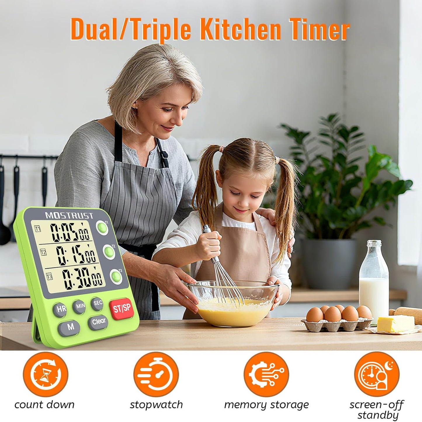Digital Dual Kitchen Timer, 3 Channels Triple Countdown Timer for Cooking, Magnetic Memory-Preset Large Display Adjustable Volume, Multi Time Management, 3A Battery Included, Black