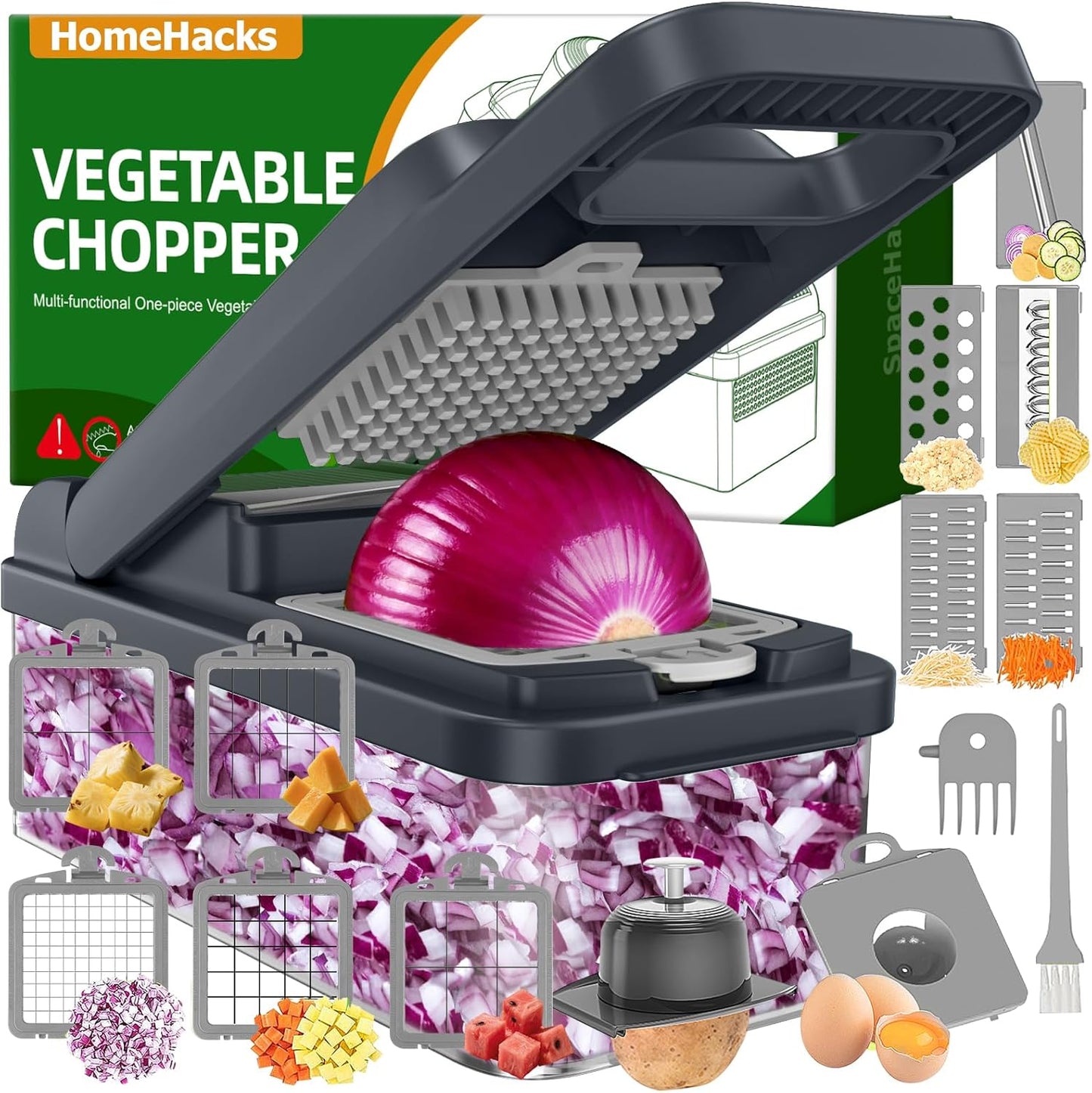 HomeHacks Vegetable Chopper Vegetable Cutter, 12 in 1 Kitchen Gadget, Dicer, Slicer, Onion Cutter, Salad, Cheese Grater & Egg Separator - Multi-Functional Veggie Chopper Lid with Handle (Green)