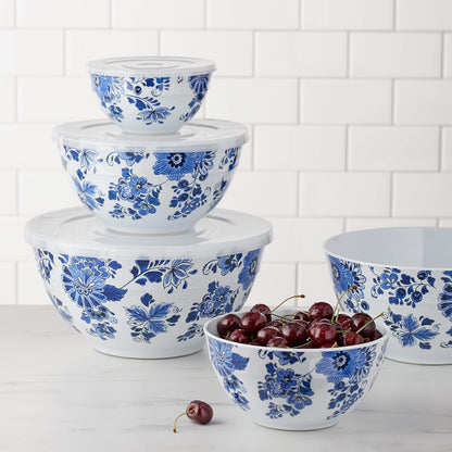 Amazon Basics Mixing Bowls with Lids, Nesting Melamine Serving Bowls, Non-Slip Base, BPA Free, Dishwasher Safe, 5 Sizes, Hydrangea Floral, Set of 10