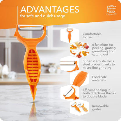 Borner 6-in-1 Fruit and Vegetable Peeler with Stainless Steel Double-Edged Blade, Multi function with Corer, Potato Eye Remover and Mini Grater, Made in Germany, Purple