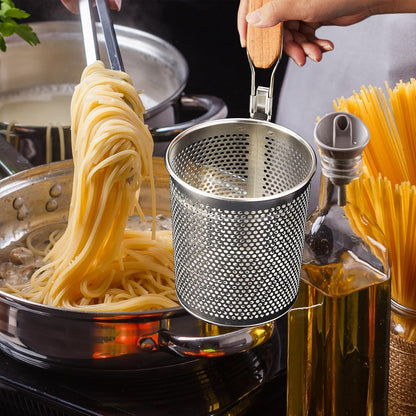 Tessco 4 Pcs Pasta Strainer, 4.7" x 5.2'' Stainless Steel Pasta Basket Mesh Cooker with Wood Handle, Spider Strainer Kitchen Skimmer for Food Dumpling Noodle Blanching(Dark Color)