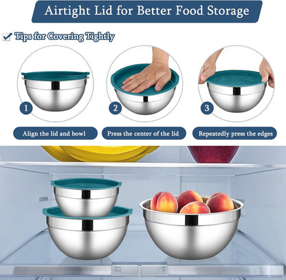 LIANYU Mixing Bowls with Lids Set of 3, Large & Small Stainless Steel Nesting Metal Bowls for Kitchen Storage, Dishwasher Safe, Size 1.5QT & 3QT & 4.6QT, Black