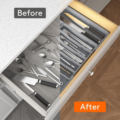 Lifewit Silverware Drawer Organizer, Expandable Utensil Tray for Kitchen, BPA Free Flatware and Cutlery Holder, Adjustable Plastic Storage for Spoons Forks Knives, 11-18 x 14", Black