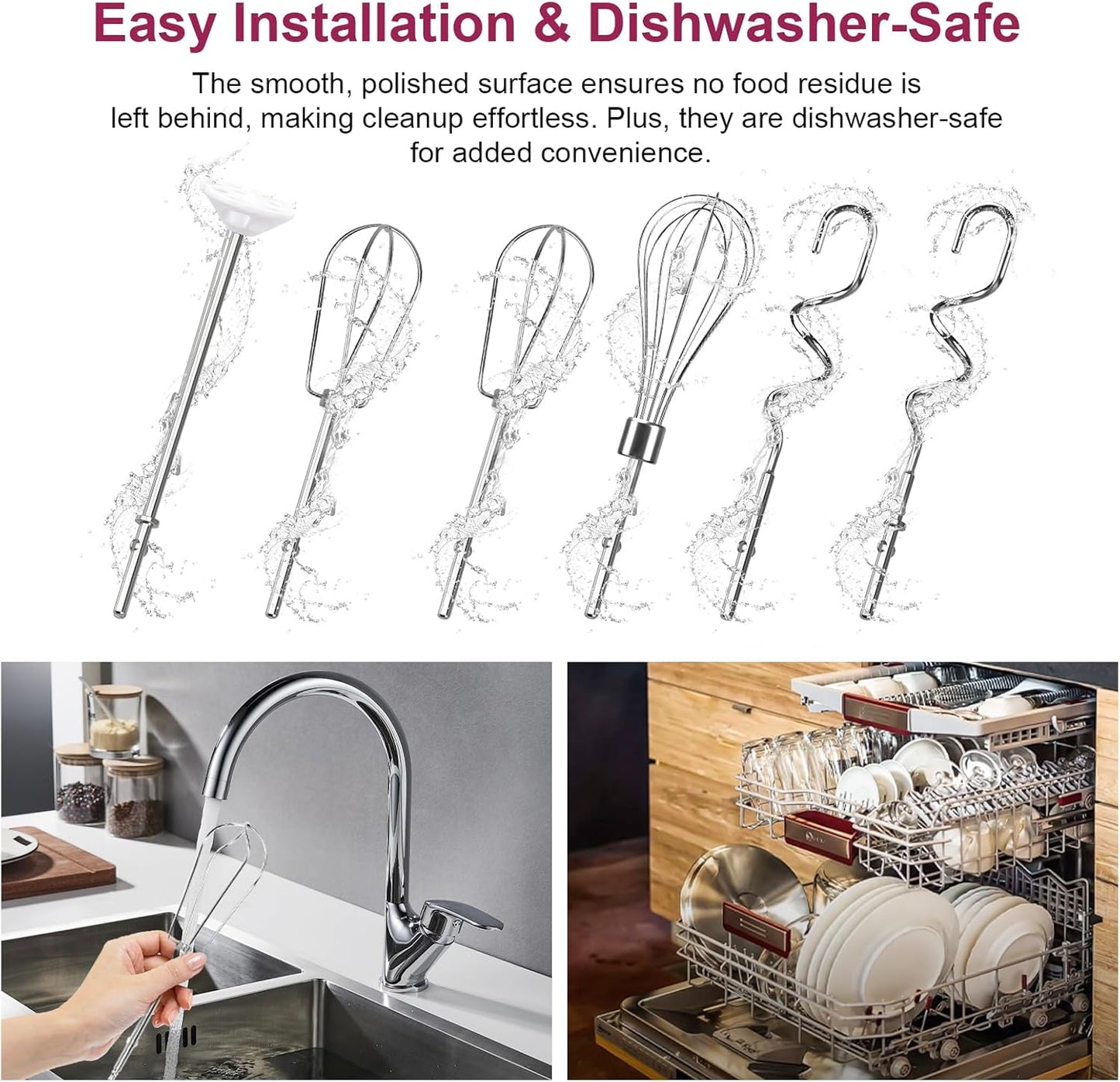 Hand Mixer Beaters Attachments, Whisk, Dough Hooks, and Liquid Blending Rod, Stainless Steel Hand Mixer Accessories Compatible with Kitchenaid Hand Mixers KHM3 KHM5 KHM7 KHM9, KHM926, KHM512, Set of 6