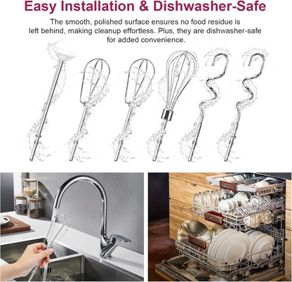 Hand Mixer Beaters Attachments, Whisk, Dough Hooks, and Liquid Blending Rod, Stainless Steel Hand Mixer Accessories Compatible with Kitchenaid Hand Mixers KHM3 KHM5 KHM7 KHM9, KHM926, KHM512, Set of 6