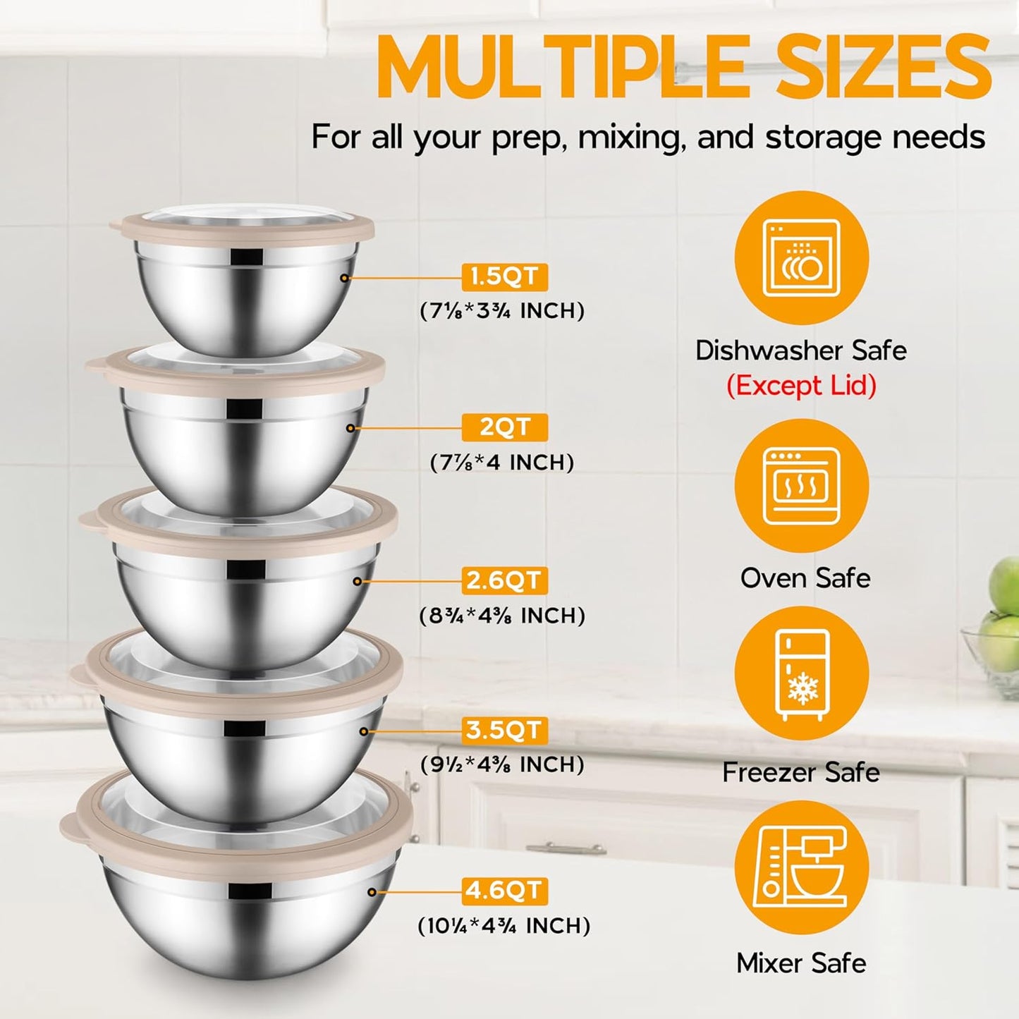 Onader Mixing Bowls with Lids Set of 6, Large Metal Nesting Mixing Bowls, Stainless Steel Non-Slip Salad Bowl Khaki – Size 1, 1.5, 2, 2.6, 3.5, 7QT
