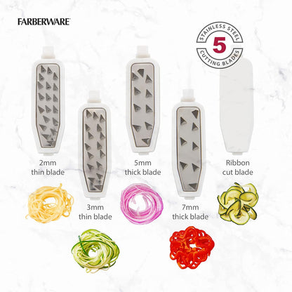Farberware Professional Foldable Fruit And Vegetable Spiralizer Slicer Easy Store Fold And Lock With 4 Blades And Built In Blade Storage Caddy, White