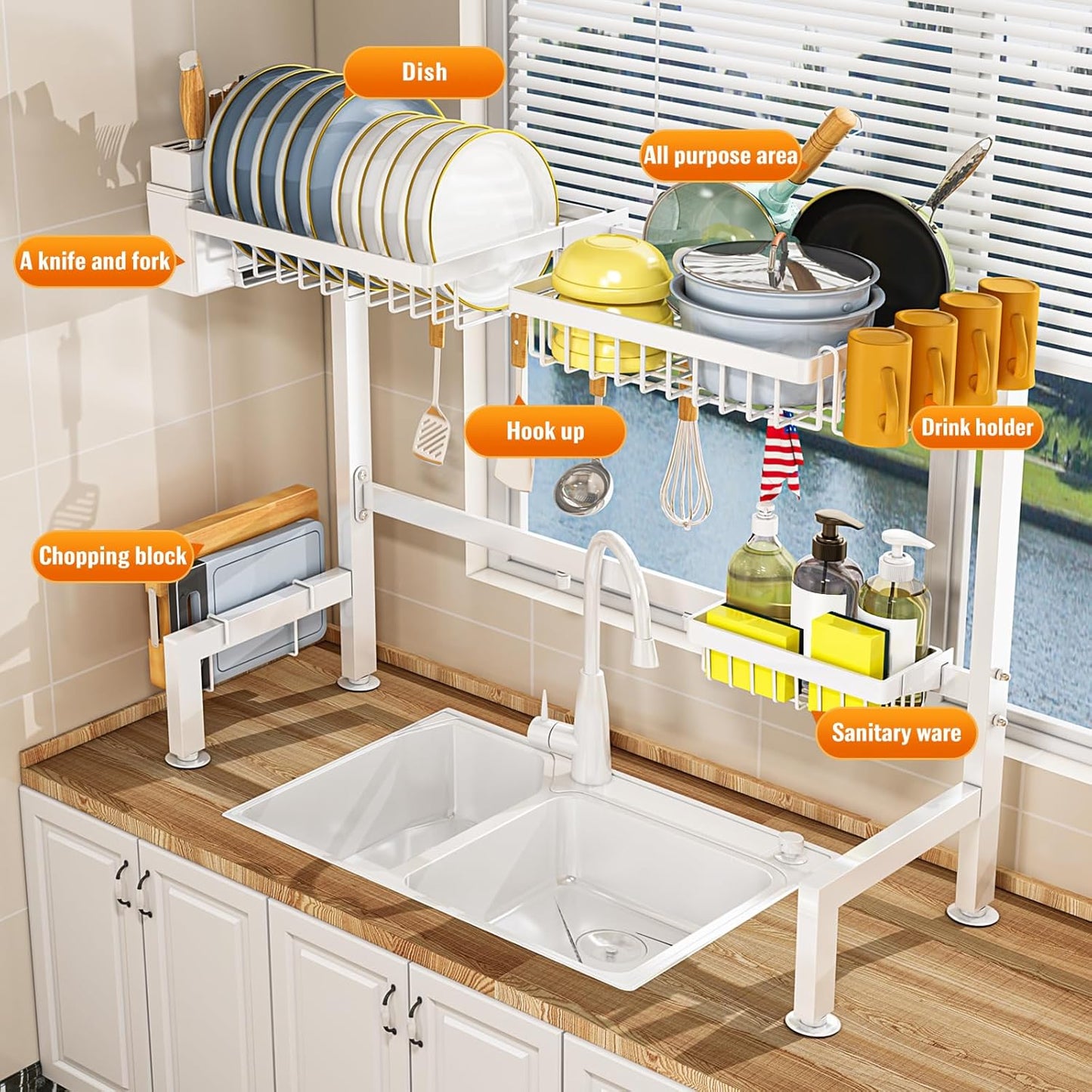 YKLSLH 4 Baskets Over The Sink Dish Drying Rack, Extendable Large Capacity Sink Rack, Metal Drying Rack Saving Space,for Most Sinks (26.57"-35")