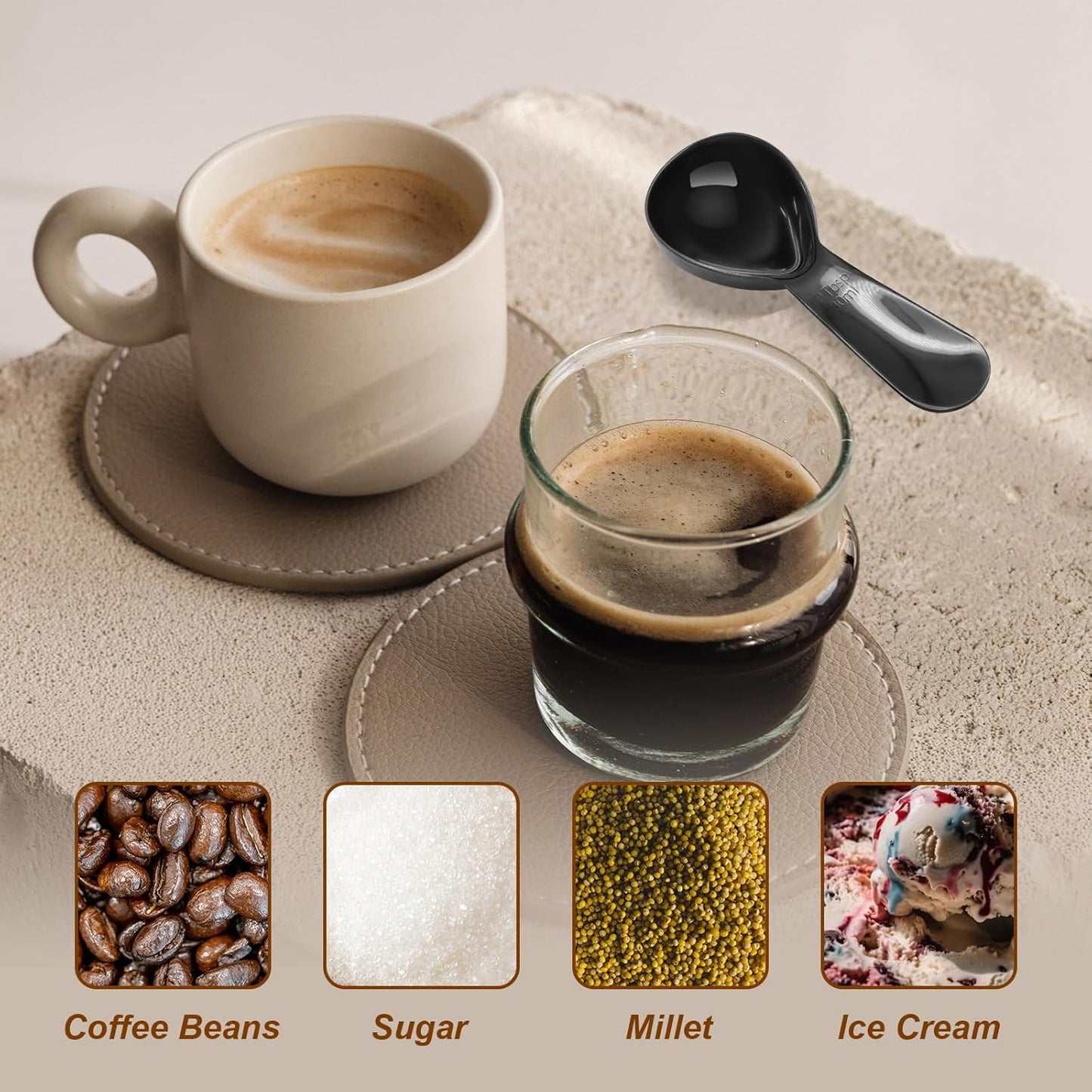 Coffee Scoops 2Tbs (30ml/ 1/8 Cup / 1 oz), Black 304 Stainless Steel Coffee 2 Tablespoon Scoop Short Handle Measuring Spoon, Set of 2