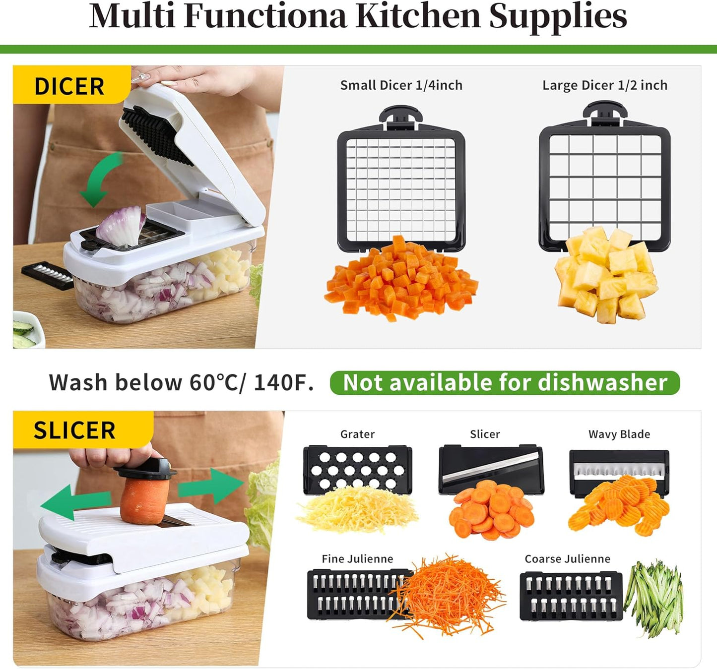 14-In-1 Chopper Vegetable Cutter with 7 Blades, Vegetable Chopper with Container and Lid, Mandoline Slicer for Kitchen, Veggie Slicer for Salad, Cheese Grater, Kitchen Gadgets Accessories Essentials