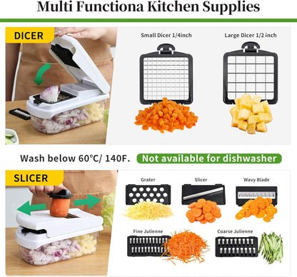 14-In-1 Chopper Vegetable Cutter with 7 Blades, Vegetable Chopper with Container and Lid, Mandoline Slicer for Kitchen, Veggie Slicer for Salad, Cheese Grater, Kitchen Gadgets Accessories Essentials