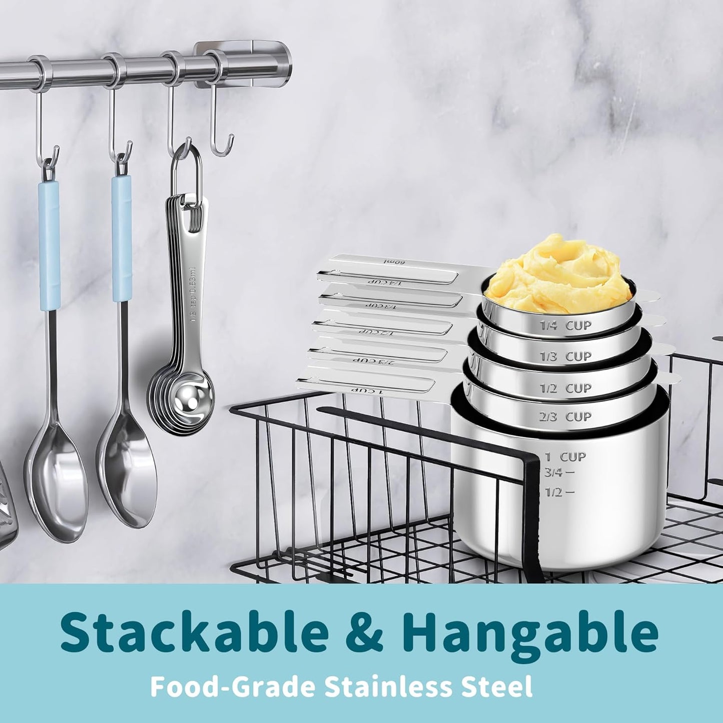 Magnetic Measuring Cups and Spoons Set, 7 Nesting Stainless Steel Measuring Cup Set with Easy to Read Markings, 7 Magnetic Measuring Spoons & 1 Leveler for Measuring Dry or Liquid Ingredients