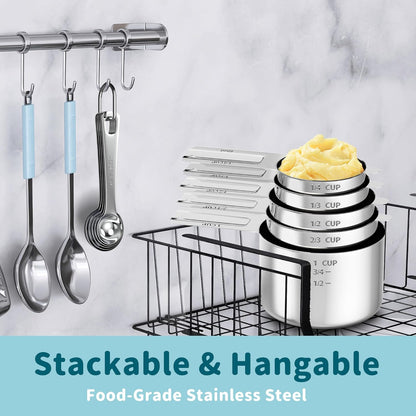 Magnetic Measuring Cups and Spoons Set, 7 Nesting Stainless Steel Measuring Cup Set with Easy to Read Markings, 7 Magnetic Measuring Spoons & 1 Leveler for Measuring Dry or Liquid Ingredients