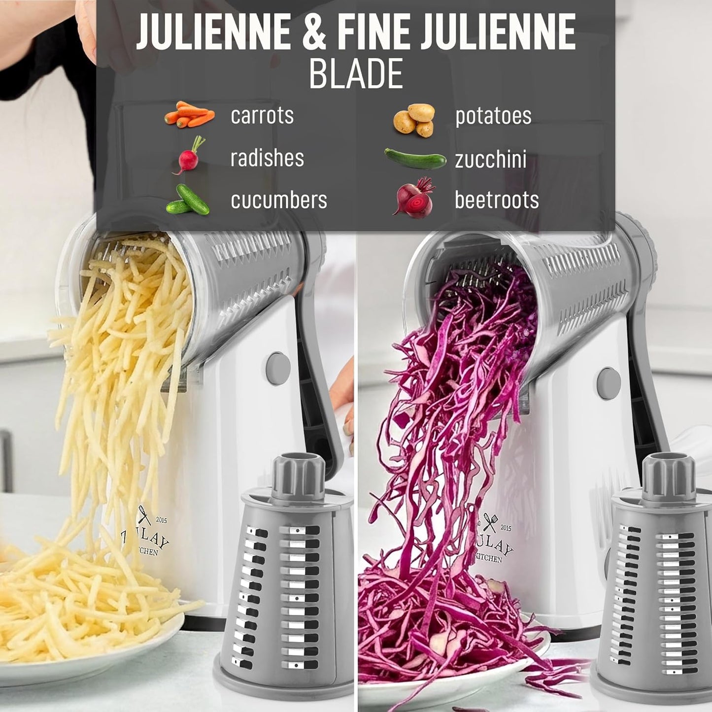 Zulay Kitchen Rotary Cheese Grater 5 Blade Cheese Shredder - Manual Hand Crank Cheese Grater With Reinforced Suction & 5 Interchangeable Drums - Easy to Use, Vegetable Chopper Round Mandoline Slicer - Colors A