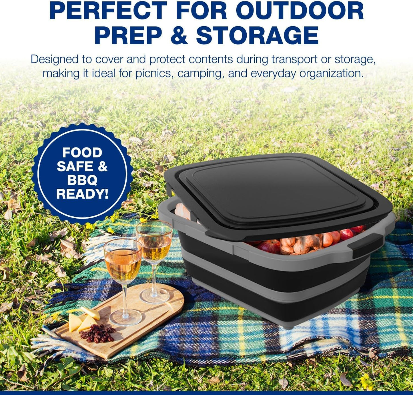 2-Pack XL Collapsible BBQ Prep Tub with Built-In Cutting Board, Lid & Strainer – Marinate, Drain & Prep – Large Food-Safe Container – Perfect for Grilling, Smoking & Outdoor Cooking (Black)