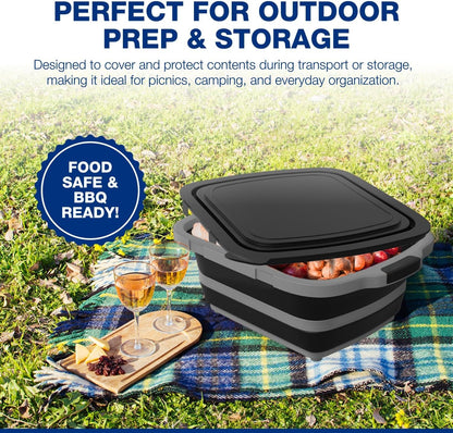 2-Pack XL Collapsible BBQ Prep Tub with Built-In Cutting Board, Lid & Strainer – Marinate, Drain & Prep – Large Food-Safe Container – Perfect for Grilling, Smoking & Outdoor Cooking (Black)