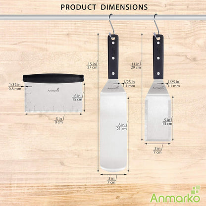 Anmarko Professional Griddle Spatula Set - Stainless Steel Metal Spatula and Griddle Scraper - Heavy Duty Commercial Grade