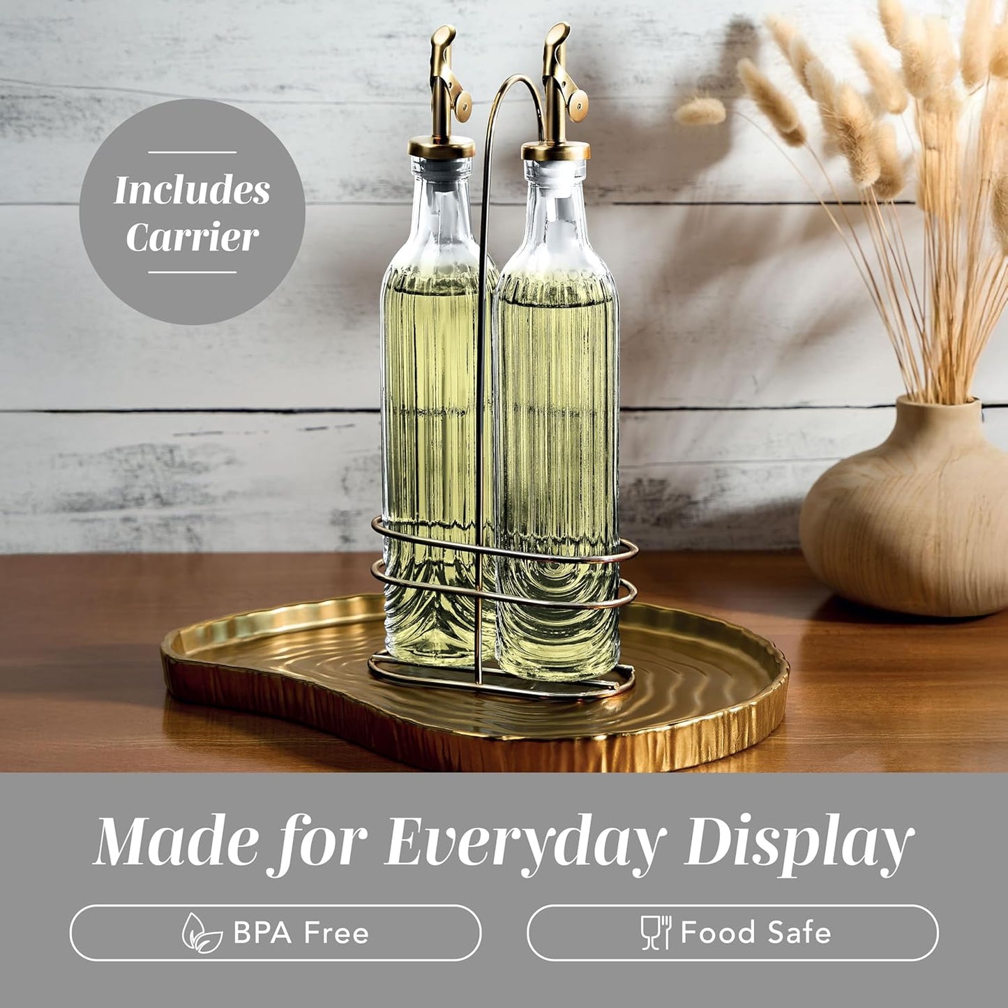 COOK WITH COLOR Glass Olive Oil Bottle Dispenser - 2 Pack- 17oz Oil and Vinegar Cruet - Olive Oil Carafe Decanter for Kitchen, Elegant Waves, Clear