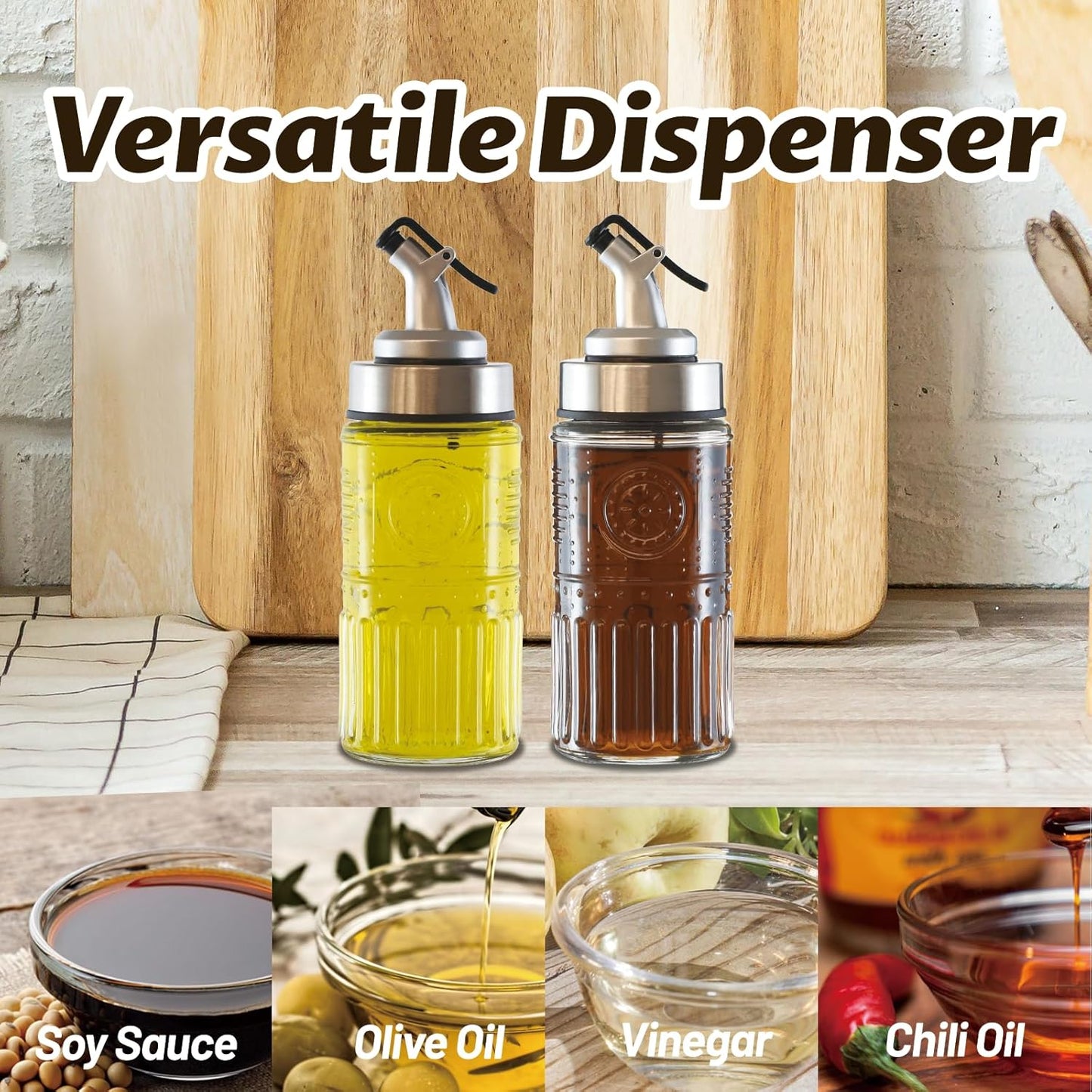 2 Pack Mini Oil and Vinegar Dispenser Set, 195ml - Vintage Glass Shoyu Soy Sauce Dispenser Bottles for Dining Table, Kitchen (Floral-B)