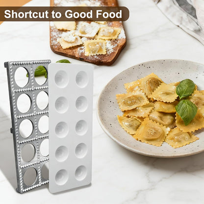 Ravioli Cutter Set - 10 Pieces Ravioli Press Mold, Round & Square Ravioli Stamp, Ravioli Cutter Wheel, Wood Rolling Pin, Pasta Making Kit for Ravioli Mold