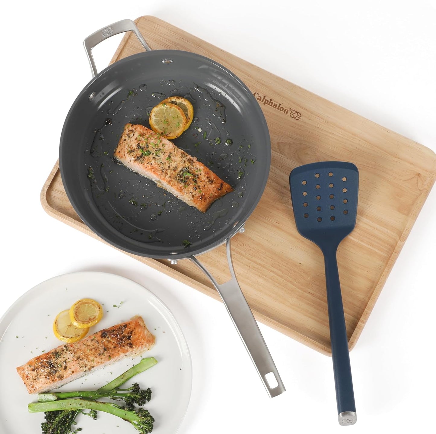 Calphalon Prime 7 Piece Silicone and Teak Wood Kitchen Tool & Gadget Set with Navy Blue Silicone Rim, Durable Heat Resistant Cooking Utensil Set for Stirring, Flipping, Serving