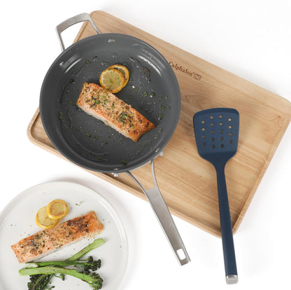 Calphalon Prime 7 Piece Silicone and Teak Wood Kitchen Tool & Gadget Set with Navy Blue Silicone Rim, Durable Heat Resistant Cooking Utensil Set for Stirring, Flipping, Serving