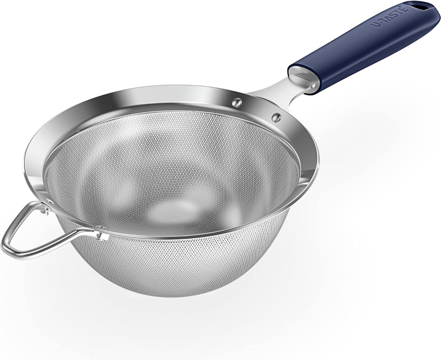 18/8 Stainless Steel Mesh Strainer: U-Taste 5.5 Inch Kitchen Fine Mesh Sieve Food Colander with Riveted Sturdy Silicone Handle and 30 Mesh Hole for Straining Flour, Pasta, Fruit, Quinoa(Aqua Sky)