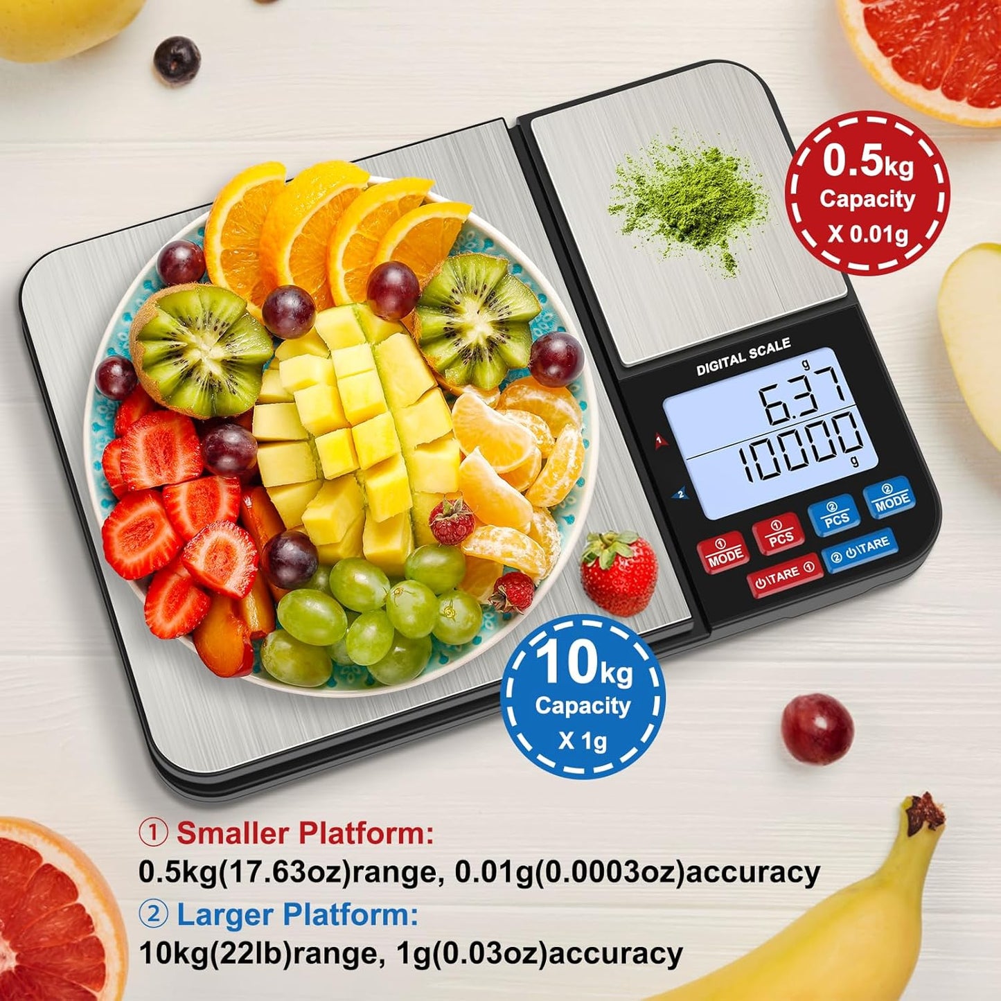 33lb Digital Kitchen Scale Large Weighing Area (9 in), Diyife Professional Electronic Food Scale, Stainless Steel Household Scale, Touch Control, LCD Display, Hangable, 6 Units, Tare, with Batteries