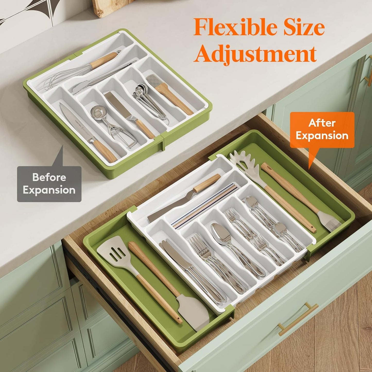 Lifewit Utensil Organizer for Kitchen Drawer, Expandable Cooking Silverware Tray, Adjustable Cutlery Flatware Holder, Plastic Spatula Tools Storage Divider, 14.4 x 15.8", Black