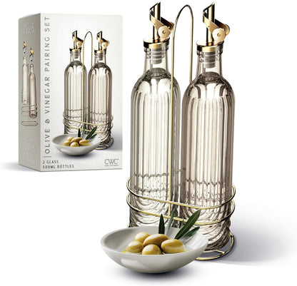 COOK WITH COLOR Glass Olive Oil Bottle Dispenser - 2 Pack- 17oz Oil and Vinegar Cruet - Olive Oil Carafe Decanter for Kitchen, Elegant Waves, Clear